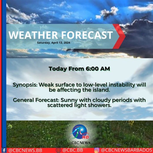 Here is today's weather forecast according to the Barbados Meteorological Services. Visit our website www.cbc.bb for details and more on today's top stories. #CBC #Barbados #CBCNewsBB #Credible #Balanced #Committed #Weather #BarbadosWeather | CBC News Barbados | Facebook