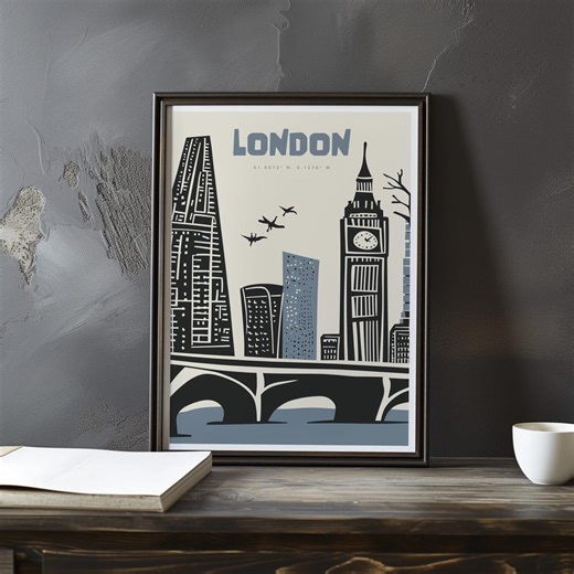 London Wall Art | London Skyline Poster | Modern Graphic City Print | Big Ben Illustration | Printable Art - Etsy