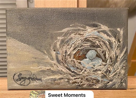 Tiny little nest with 3 blue eggs just completed. 4 x 6 oil on gallery wrap canvas. This one is heading to River's Edge Gallery in Scottsboro. #nestpainting | Sonya Gordon