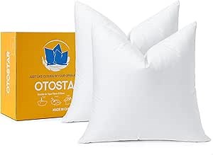 OTOSTAR Pack of 2 Down and Feather Throw Pillow Inserts, 24 x 24 Soft Fluffy Square Pillow Inserts with 100% Cotton Cover Decorative Pillows for Sofa Couch Bed-White