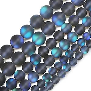 Matte Gray Aurora Crystal Glass Beads, 8MM Frosted Glitter Shining Mermaid Round Loose Beads, Rainbow Holographic Synthetic Moonstone for Jewelry Making DIY Bracelet