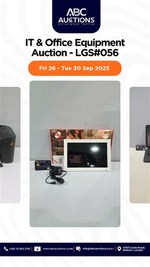 IT & Office Equipment Auction - LGS#056 | FRI 26 SEP >>TUE 30 SEP 2025 ** Register to Bid!  Auction Now LIVE. [x] Download the App Now - https://qrco.de/bchyaS [x] Register to Bid - https://tinyurl.com/25rnkn2f Contact us today to find out how we can help you sell your vehicles & Goods: Visit Us today:  4300 Linda Road , Makeni Zambia  https://goo.gl/maps/L6Rb7fSbixGEMHjf6 Live the ABC Life. | ABC Auctions Zambia | Facebook