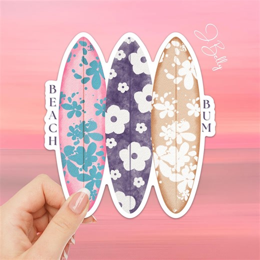 Beach Bum Surfboard Bumper Sticker – Floral Watercolor Vinyl Decal, Large Waterproof Summer Car Sticker for Vans, Coolers, Laptops - Etsy