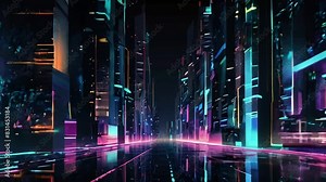 Neon Cityscape with Glowing Buildings and Reflective Streets Stock Video