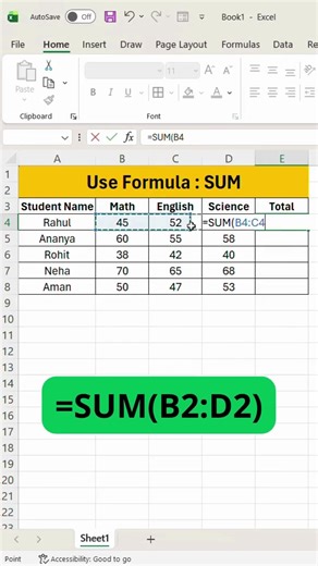 SUM Formula in Excel | Add Numbers in Seconds ⚡#ExcelShorts #ExcelTips #SUMFormula #ExcelBeginner
