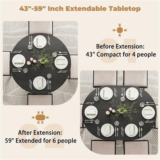 59-Inch Extendable Dining Table for 4-6 People, Living Room, Black