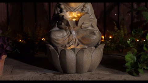 Glitzhome Outdoor Fountains and Waterfalls Zen-Style Frog Water Fountains with LED & Pump, Patio Water Fountain Yard Fountain 2 Tier Floor Waterfall for Backyard Lawn Garden Porch 22" H, Sand Beige