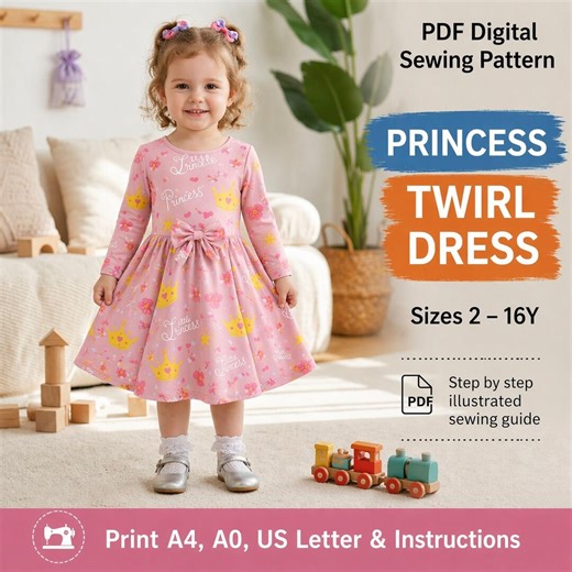 Princess Twirl Dress, Girls Skater Dress Sewing Pattern PDF, Kids Fit and Flare Dress, Circle Skirt Dress, Age 2–16, Easy Sewing Pattern - Etsy
