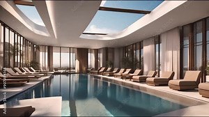 3D rendering of a luxury hotel swimming pool. Beautifully designed five-star hotel indoor pool with lounge and deck chairs