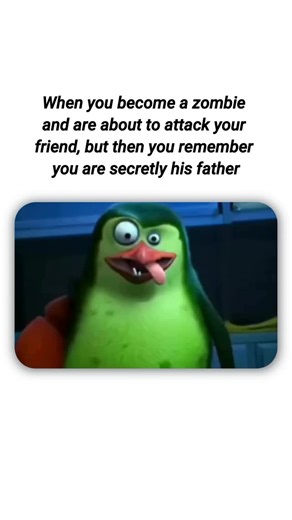 Darkmemes on Instagram: "This video features a scene from The Penguins of Madagascar where a mutated, zombie-like Skipper is snapped out of his rage when Private holds up a drawing of their “family”. The headline, “When you become a zombie and are about to attack your friend, but then you remember you are secretly his father,” twists this wholesome moment into a chaotic soap opera narrative, turning a rescue mission into a shocking lineage reveal. The humor lies in the absurdity of combining a m