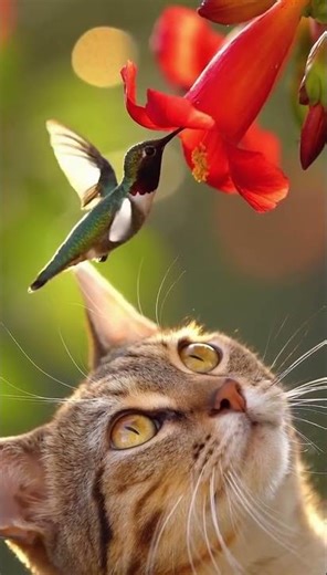 “Face to Face — A Cat and a Hummingbird 🐱🌺🐦”