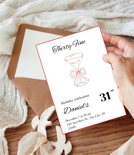 Thirty Fine 31st Birthday Invitation, Red Martini, Printable and Editable - Etsy