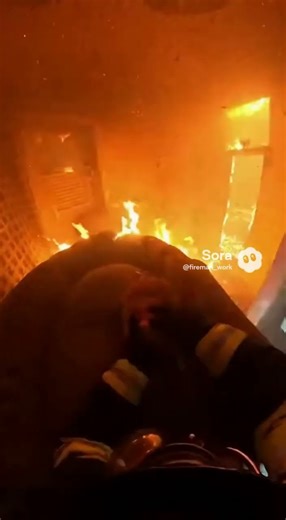POV firefighter body-cam footage as a firefighter enters a burning House