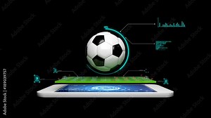 4K 3D Animation soccer football field with spinning soccer ball with graph and hud and technology element and alpha matte for football mobile phone application concept