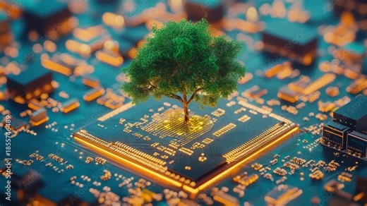 A tree appears to grow from a microchip highlighting the connection between nature and technology in a creative setup
