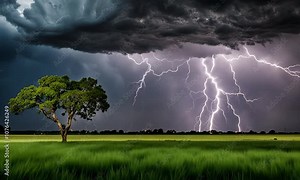 A lone tree stands in a field as a lightning strike illuminates the sky.