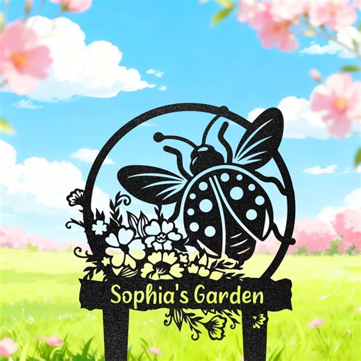 Personalized Ladybug Metal Sign, Custom Flower Garden Decor, Backyard Stake, Outdoor Yard Art, Gardener Gift, New Home Gift - Etsy