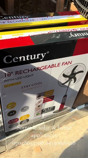 18″ Century Rechargeable Fan with LED Light (Full Accessories) 🌀💡 Price N85,900 Available at Sommie Solar & Home Appliances ✔️ Powerful 18-inch cooling ✔️ Rechargeable battery (works during blackout) ✔️ Bright LED light ✔️ Remote control ✔️ Solar panel ✔️ Adapter/charger ✔️ Extra bulb ✔️ User manual Everything complete in one carton ✅ 📞 Call/WhatsApp: 07048633708 | 09130626528 Buy quality, enjoy comfort anytime.