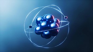 Physics atom with dark blue background, 3d rendering.