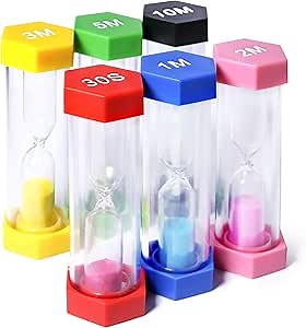 PROLOSO 6 Pcs Colorful Sand Timers Set Platic Sandglass Hourglass Sand Clock Timer 30sec/ 1min/ 2mins/ 3 Minutes/ 5 Minute/ 10mins for Kids Games Classroom Home Office Kitchen