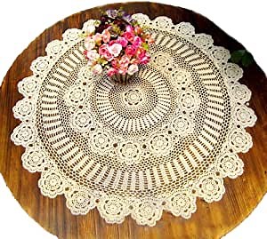 KEPSWET Cotton Handmade Crochet Lace 60 inch Round Tablecloth Beige Table Overlay Decoration