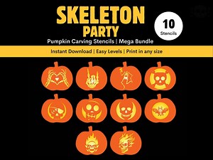 Skeleton Party Pack: 10 Skeleton Halloween Pumpkin Carving Stencil Template Pattern Designs - Etsy