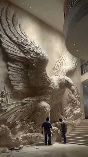 Highly detailed wall relief sculpture of an eagle in a grand, indoor architectural space
