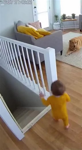 Absolute Cinema on Instagram: "Security Cam Footage: Labrador Blocks Toddler from Stair Fall in Cozy Daytime Living Room | Moink Boonk Captured by an indoor nanny cam in crisp HD, the footage shows a sunlit living room around 15:47, with warm daylight spilling across the carpet. A baby in a yellow onesie toddles curiously toward an open stair gate, just inches from a dangerous fall. Instantly, a watchful labrador springs from rest and positions its body directly between the baby and the staircas