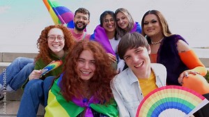 Diverse group of LGBT people having fun celebrating gay pride party festival day. LGBTQIA community concept