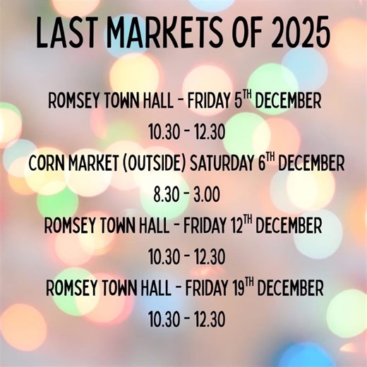  Only a few markets remain in 2025, but Romsey Country Market is still brimming with handmade, homemade and home-grown treasures! ✨ They’re welcoming everyone to Romsey Town Hall today, where visitors can browse beautiful seasonal goodies, enjoy a hot drink ☕ and treat themselves to a slice of something delicious .  They look forward to seeing you this December—come along and soak up the festive cheer! #Romsey #romseytownhall #Christmas | Romsey Town Council | Facebook