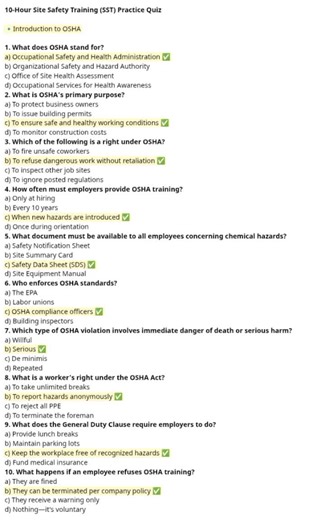 10-Hour Site Safety Training (SST) Practice Quiz: Introduction to OSHA
