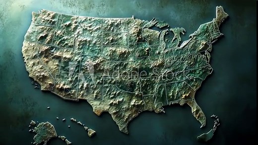 A 3D map of the United States shows the country's topography, with detailed state lines and elevation