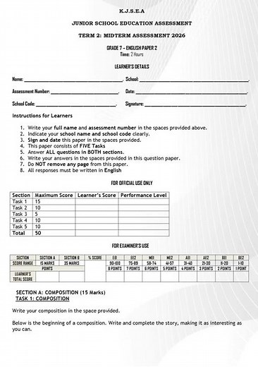 Grade 7 English Paper 2 Mid Term 2 2026 Exam
