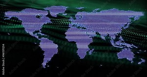 World map with data points and digital grid animation over green background