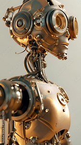 Cartoon digital avatar of a Steampunk Inventor with a sleek cybernetic eye, a metallic suit, and a robotic assistant.