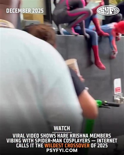 PSY FYI Magazine | Culture, News and Events on Instagram: "Collab of the year? 👀 Hare Krishna members were spotted vibing alongside Spider-Man cosplayers in a clip that’s now going viral — and the internet is absolutely confused (and entertained)."