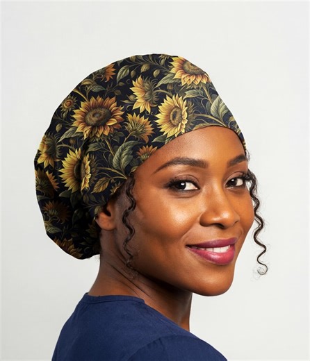 Euro Scrub Cap Women, Dark Sunflower Surgical Hat Nurse, Floral Ponytail With Toggle - Etsy