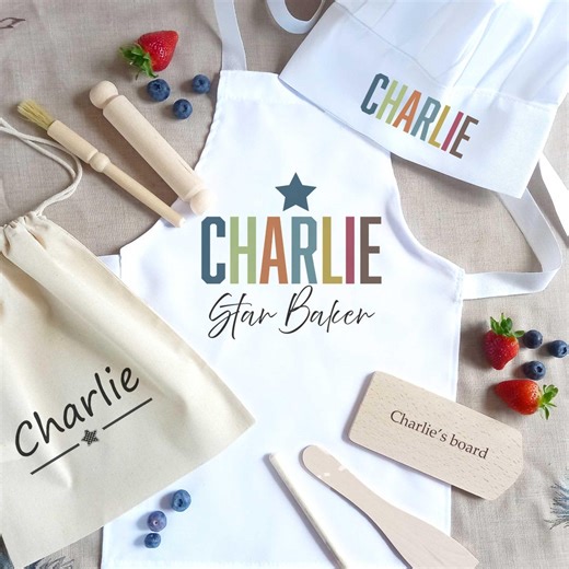 Personalised Boys Vintage Apron - Cooking Apron Set and Hat, Kids Name Chef Hat and Wooden Utensils. - Etsy