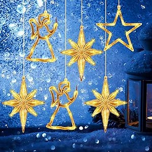 Baquler 6 Pcs Christmas Silhouette Window Lights with Suction Cup Battery Powered Christmas Window Hanging Warm White Lighted Bethlehem Star LED Lamp for Xmas Tree Fireplace Wall Indoor Outdoor Decor