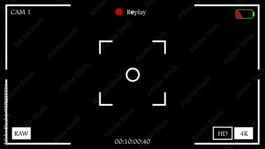Camera viewfinder replay interface overlay. Features focus frames, battery indicators, timecode, RAW, HD, and 4K symbols on a alpha chanel. Ideal for video production UI with transparent background