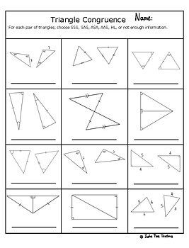 Triangle Congruence Geometry Worksheet - SSS, SAS, ASA, AAS, HL