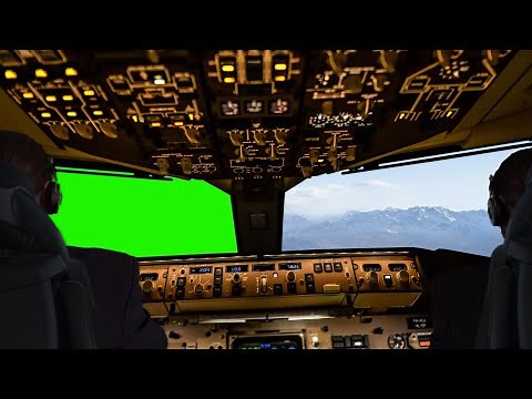 The cockpit on a green background. Airplane cockpit footage on green background. Green screen.