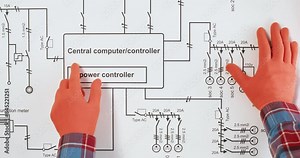 Technician covers floor plan with central computer controller drawing view from above. Builder works with schematic diagram of circuit network