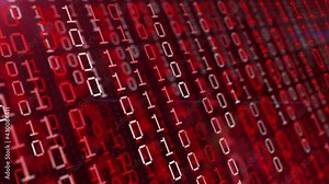 Concept of binary code red and white background with digits moving on screen. Algorithm binary of digital age, data code, encryption and encoding background. Digital data stream.