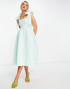 ASOS DESIGN shirred bunny tie prom midi dress in sage | ASOS