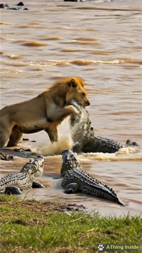crocodile attacks lion in the Nile river
