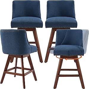 Blue Swivel Bar Stools Set of 4 with Backs, 26.6" Fabric Upholstered Counter Height Barstools Wood Legs, Modern Kitchen Island Chair, Bar Chairs, Barstools for Kitchen Counter, Taburetes de Cocina
