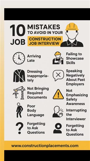 🚧 Ready to land your dream construction job? Avoid these 10 common interview mistakes and stand out as the right candidate! 💼👷‍♂️ 👉 Save this post & share with a friend preparing for their next big opportunity. 🔗 More career tips: www.constructionplacements.com #ConstructionJobs #JobInterviewTips #CivilEngineering #CareerGrowth #ConstructionPlacements | Constructionplacements