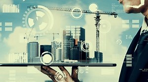 Innovative architecture and inventive civil engineering plan building construction project. Creative graphic design showing concept of infrastructure city building by architect, worker and engineer.