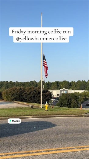 Morning Coffee Run ☕🐾🇺🇸 Off to Yellowhammer Coffee with my partner-in-crime Libby 🐶—Dad gets his coffee, Libby gets her pup cup! Along the way, we spotted a beautiful American flag flying at half-mast on the hill. A proud American moment. Let’s pray for our country. ❤️🤍💙 #morningcoffee #dogdad #proudamerican #lifewithlibby #dogsoftiktok @yellowhammercoffee